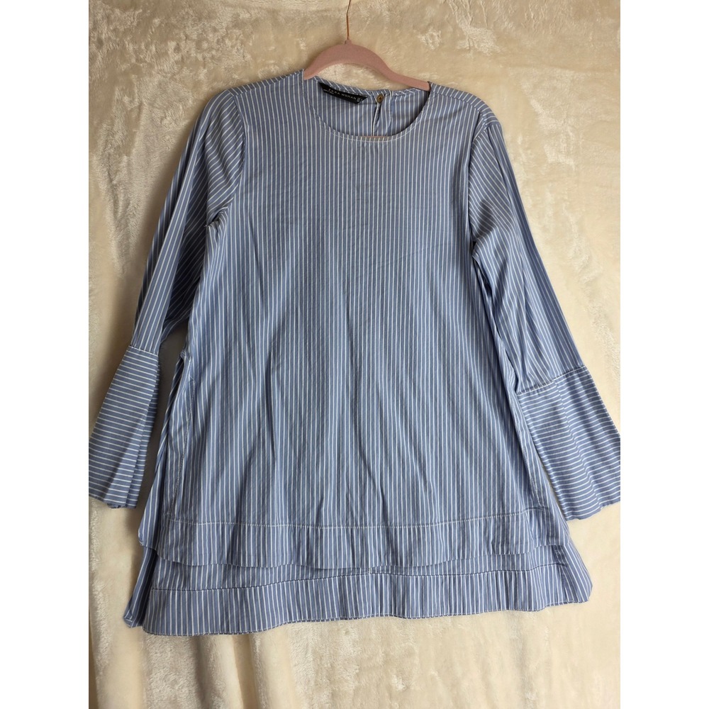 ZARA WOMAN Blue White Stripe Bell Sleeve Tiered Tunic Shirt Top Medium